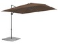 Ein brauner Sonnenschirm mit einem grauen Sockel.