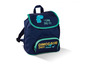 Ein blauer Rucksack mit Dinosaurier-Motiv und dem Schriftzug 'I can dig it!'