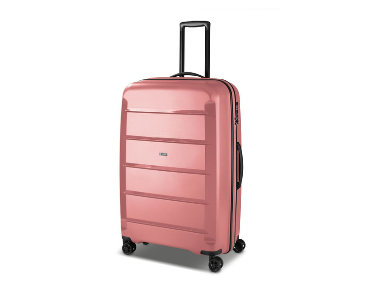 Ein rosafarbener Koffer mit Rollen der Marke It Luggage.