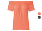 Ein orangefarbenes Top mit kurzen Ärmeln und Off-Shoulder-Ausschnitt.