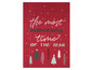 Ein rotes Geschirrtuch mit dem Text 'The most wonderful time of the year' und Weihnachtsbaummotiven.