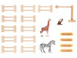 Holzspielzeug, einschließlich einer Giraffe, eines Zebras, eines Affen und eines Holzspielplatzes.