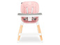 Ein rosa Hochstuhl mit Holzbeinen und einem grauen Tablett.