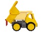 Gelber Spielzeug-Kipplaster mit kippbarer Ladefläche.