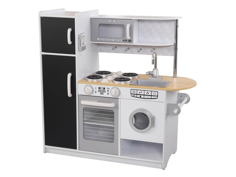 Spielküche mit Backofen, Herd, Spüle und Waschmaschine.