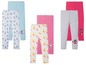 Drei Paar Leggings für Mädchen mit Frozen-, Snoopy- und Miraculous-Designs.