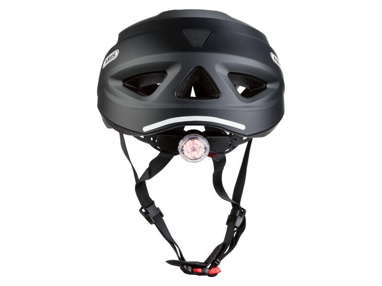 Ein schwarzer Abus Fahrradhelm mit rotem Rücklicht.