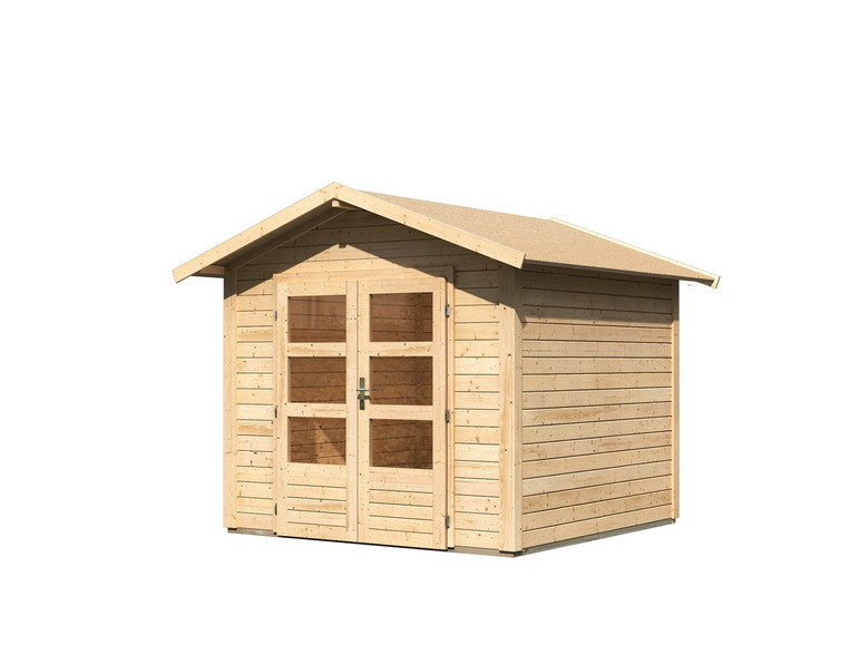Ein Holz-Gartenhaus mit Doppeltüren.
