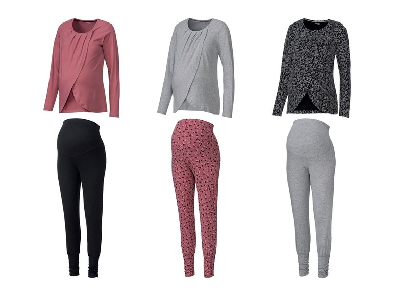 Schwangerschaftsleggings und -tops in rosa, grau und schwarz mit Punkten.