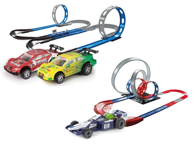 Rennwagen und Rennstrecke mit Kurve und Looping