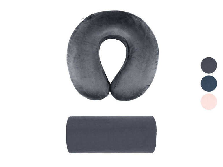 Dunkelgraues Reisekissen für Nacken und Rücken.