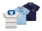 Drei Lupilu Poloshirts für Babys mit Streifen, Tiki-Print und Faultier.