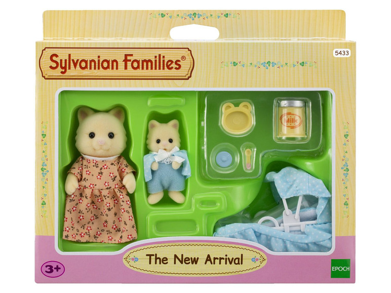 Sylvanian Families Spielset mit zwei Katzenfiguren, einem Kinderwagen und Zubehör.