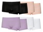 Sechs Paar nahtlose Boxershorts in Schwarz, Rosa, Weiß und Lila.