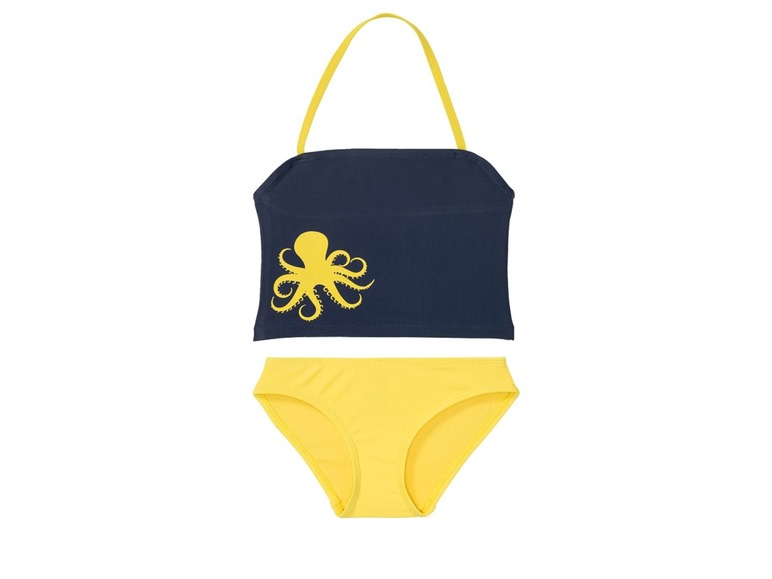 Ein dunkelblauer Badeanzug mit gelbem Oktopus und gelbem Bikini-Höschen.