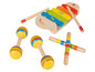 Holzschildkröte, Maracas und Drumsticks für Kinder.