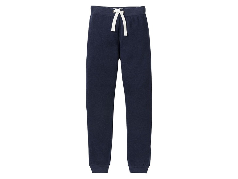 Dunkelblaue Jogginghose mit weißen Kordeln.