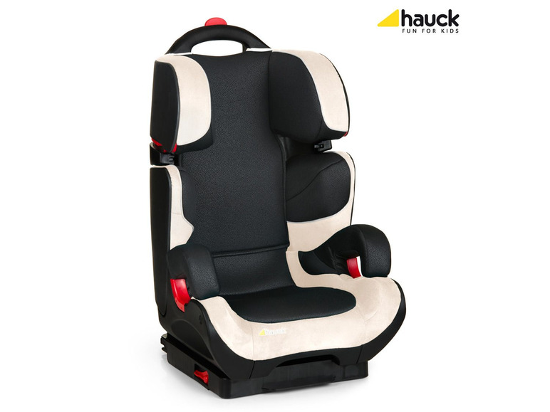 Schwarzer Autositz mit beigefarbener Polsterung von Hauck.