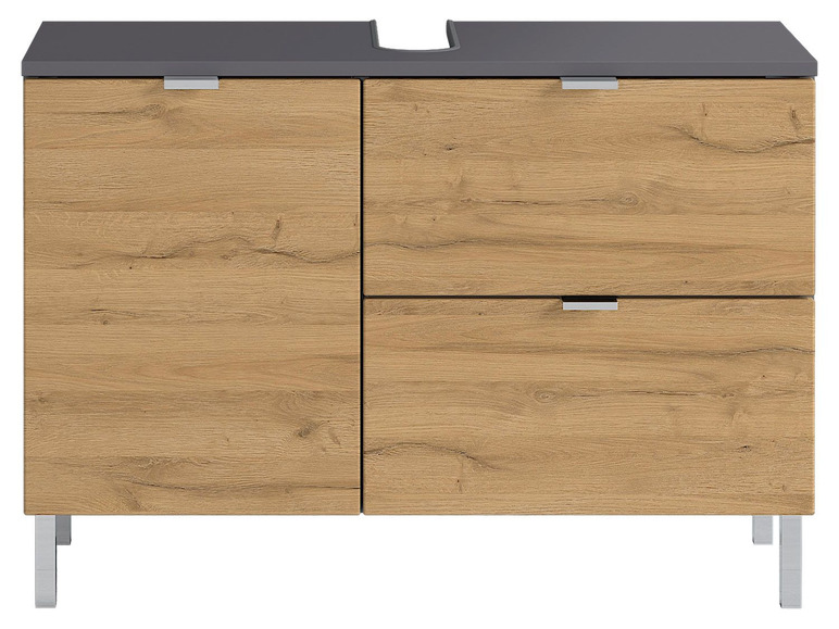 Ein Badezimmermöbel aus Holz mit einer Schublade und zwei Türen.