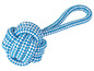 Blau-weißes Seilspielzeug mit Schlaufe für Hunde.