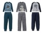 Drei Sets Jungen-Pyjamas mit langen Ärmeln, mit Aufdrucken eines Wolfes, eines Schneemanns und eines Monsters.