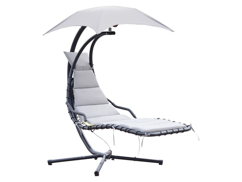 Ein grauer Hängesessel mit Sonnenschirm für den Außenbereich.