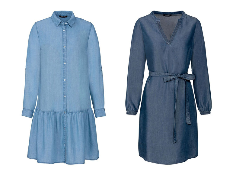 Zwei Jeanskleider: eins mit Knöpfen und eins mit Gürtel.
