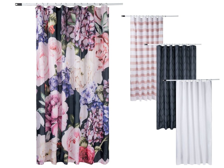 Drei Duschvorhänge: einer mit Blumenmuster, einer gestreift und einer weiß.