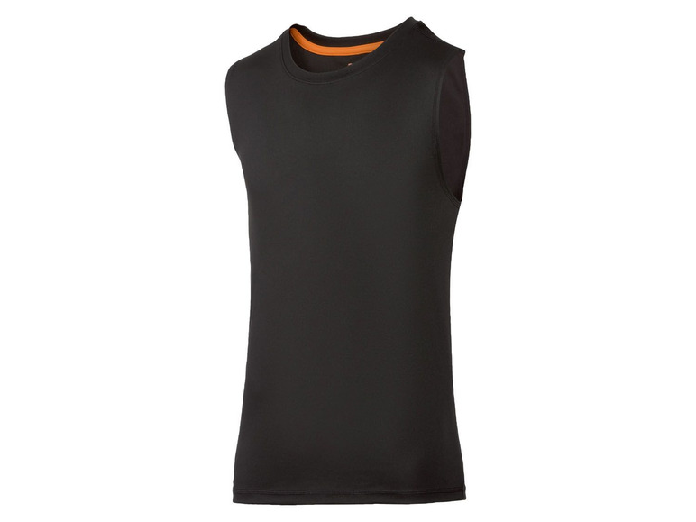 Schwarzes Tanktop mit orangefarbenem Innenfutter.