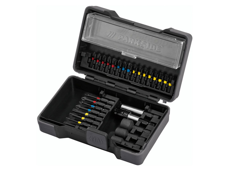 Ein Parkside Werkzeugset mit Schraubendrehern und Bits in einer Aufbewahrungsbox.