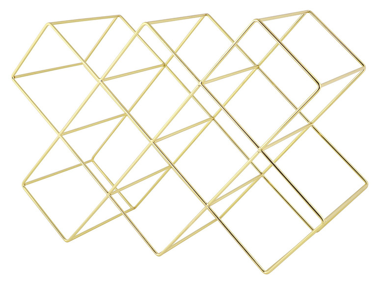 Goldfarbener Metall-Weinständer mit sechs Fächern.