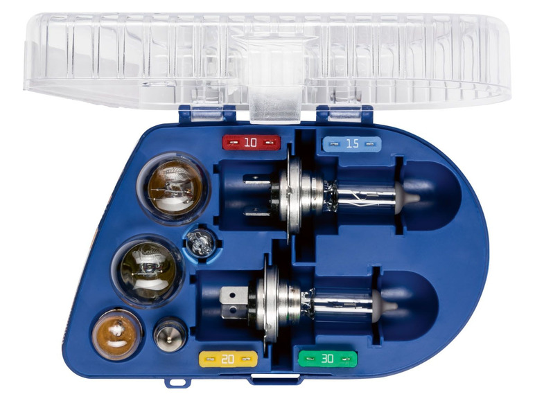 Eine blaue Box mit verschiedenen Arten von Autolampen.
