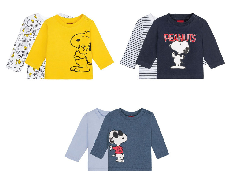 Baby-T-Shirts mit Snoopy-Druck, darunter eines mit dem Schriftzug 'PEANUTS'.