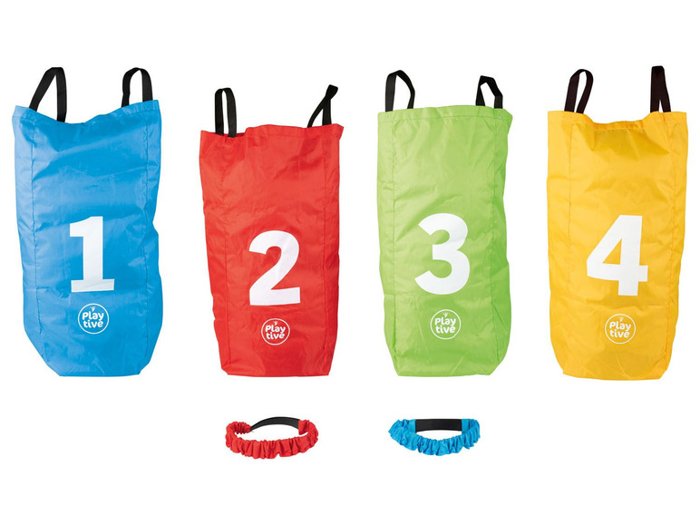 Vier farbige Säcke mit Nummern und zwei Gummibänder zum Spielen.