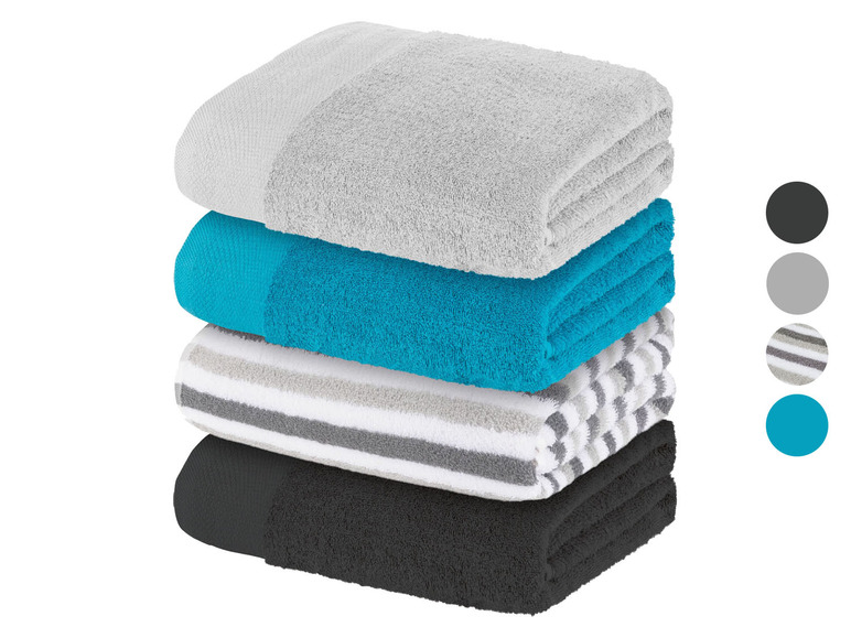 Ein Stapel Handtücher in Grau, Türkis, gestreift und Schwarz.