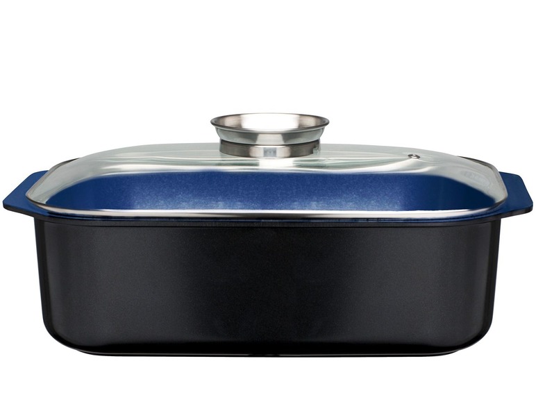 Eine schwarze Bratpfanne mit einem durchsichtigen Glasdeckel.