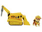 Ein gelber Bagger und eine Rubble-Figur von Paw Patrol.