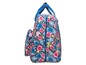 Eine blaue Reisetasche mit Blumenmuster.