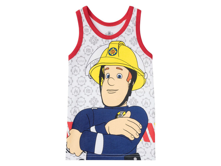 Ein weißes Tanktop mit einem Bild von Feuerwehrmann Sam.