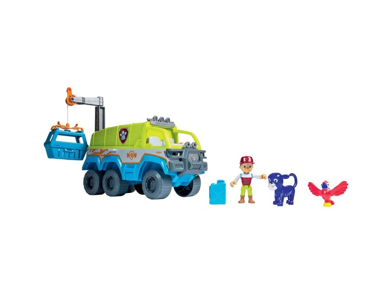 Paw Patrol Jungle Patroller Spielzeug mit Fahrzeug, Figur und Tieren.
