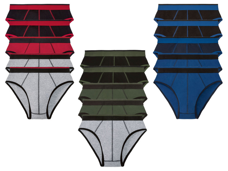 Stapel mit bunten Unterhosen in Rot, Blau, Grau und Grün.