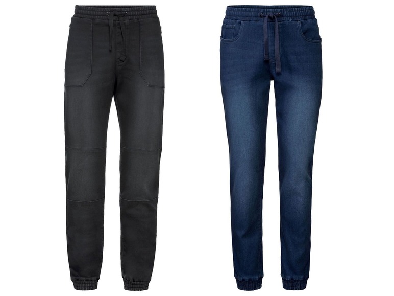 Zwei Hosen: eine schwarze Jogginghose und eine blaue Jeans.