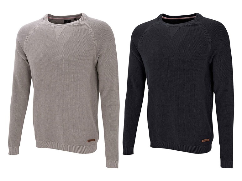 Zwei Herrenpullover mit langen Ärmeln, einer grau und einer schwarz.