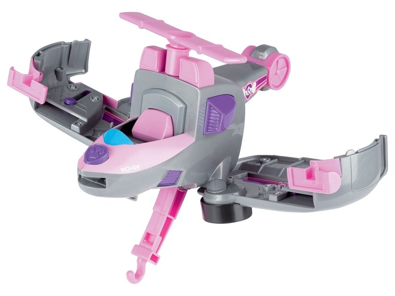 Ein rosa Paw Patrol Helikopter-Spielzeug mit geöffneten Türen.
