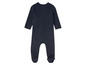 Ein dunkelblauer Baby-Strampler mit Füssen.
