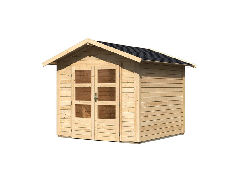 Ein Holz-Gartenhaus mit Doppeltüren.
