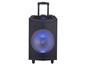 Ein schwarzer tragbarer Bluetooth-Lautsprecher mit blauer Beleuchtung.