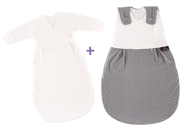 Ein weißer Schlafsack mit langen Ärmeln und ein grauer Schlafsack mit Punkten der Marke 