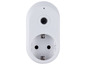 Weiße Steckdose mit zwei Steckdosen und einer eingebauten Kamera.