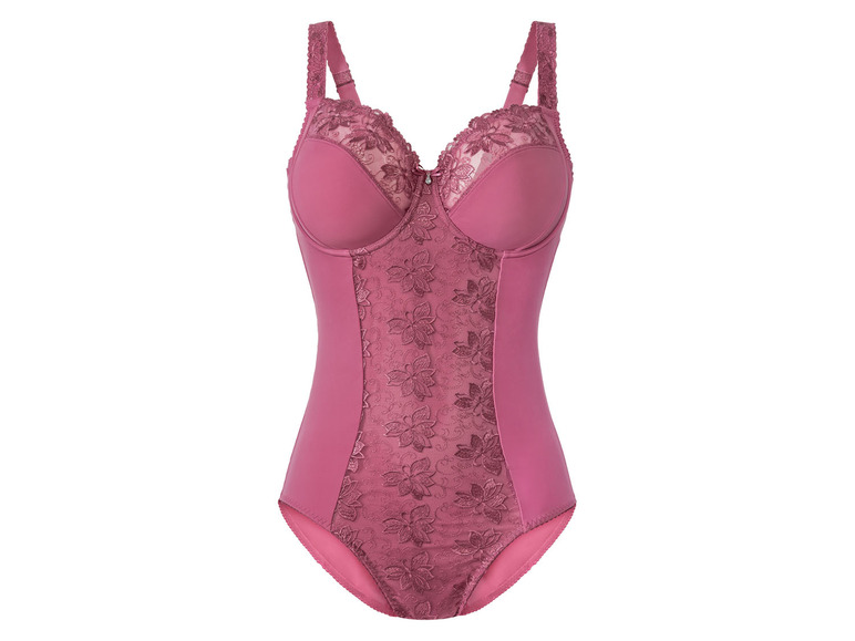 Ein rosafarbener Body mit Spitze und integriertem BH.